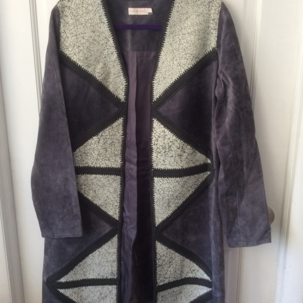 Tory Burch Size M Suede Cracked Leather Coat